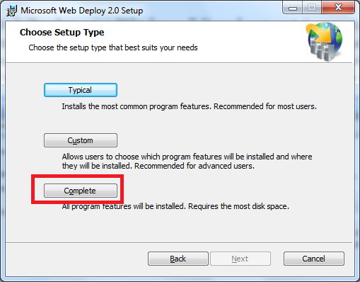 Microsoft Web Deploy 2 point 0 セットアップ ウィザードを示すスクリーンショット。[完了] が強調表示されています。