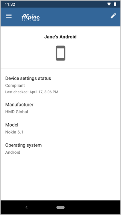 Jane の Android のデバイスの詳細を示す、Microsoft Intune アプリのスクリーンショット。