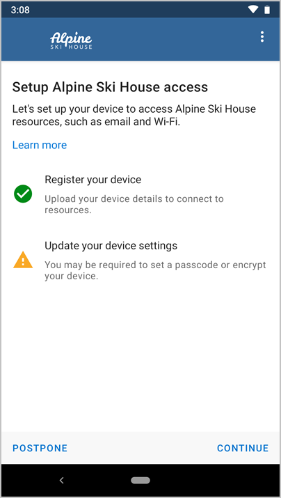 アクセスのセットアップ登録画面を示す、Microsoft Intune アプリのスクリーンショット。