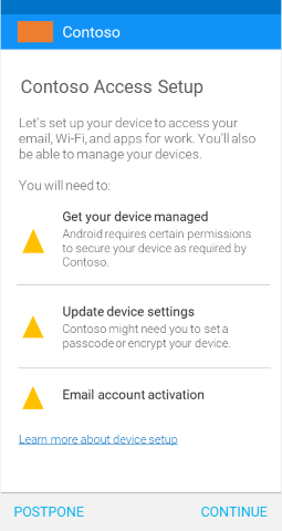 スクリーンショットでは、更新後の Android 用のポータル サイト アプリの、電子メールへの条件付きアクセスのアクティブ化画面が示されています。