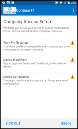 スクリーンショットでは、更新前の Android 用のポータル サイト アプリの、[仕事用プロファイルの設定] が表示された [会社アクセスのセットアップ] 画面のテキストが示されています。