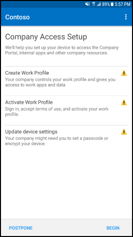 スクリーンショットでは、更新後の Android 用のポータル サイト アプリの、[仕事用プロファイルの設定] が表示された [会社アクセスのセットアップ] 画面のテキストが示されています。