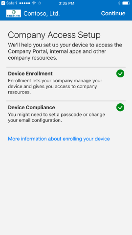 スクリーンショットでは、更新前の iOS および iPadOS 用のポータル サイト アプリの、完了した [会社アクセスのセットアップ] 画面が示されています。