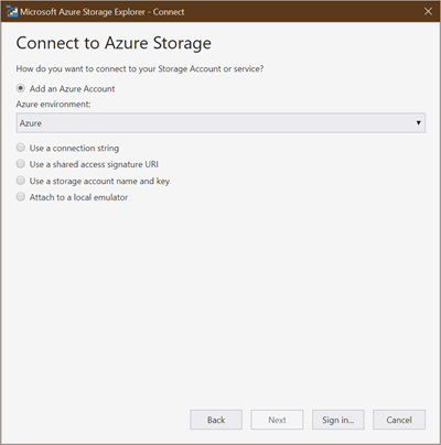 Azure Storage に接続する方法を示すスクリーンショット