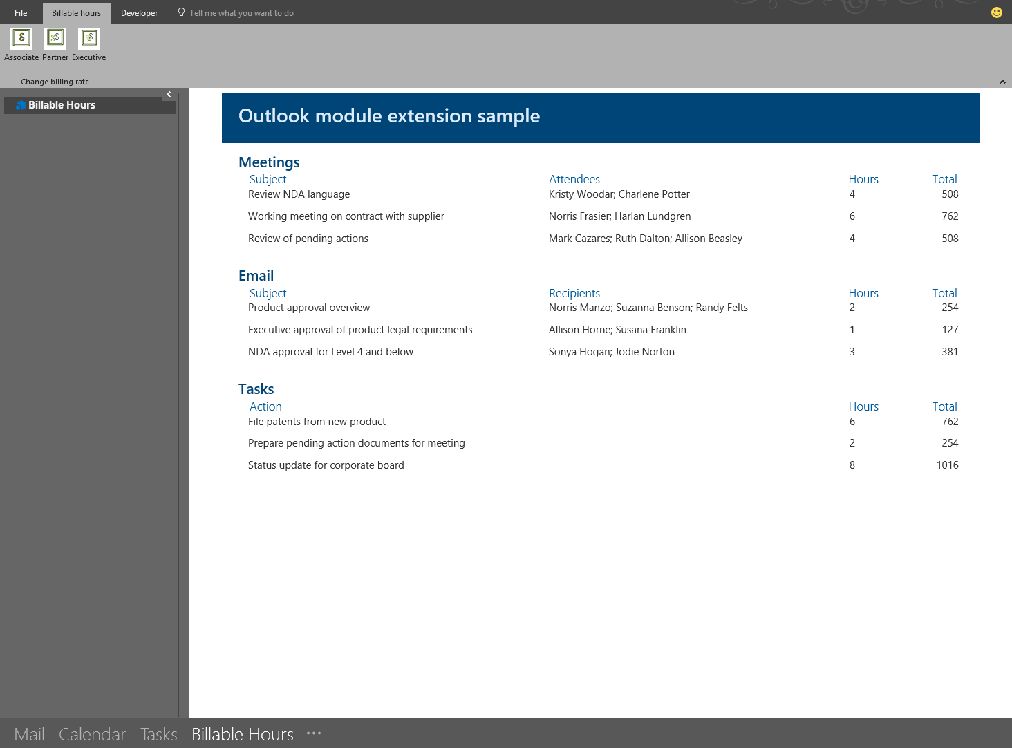 Windows 上の Outlook のモジュール アドインの例のスクリーンショット。