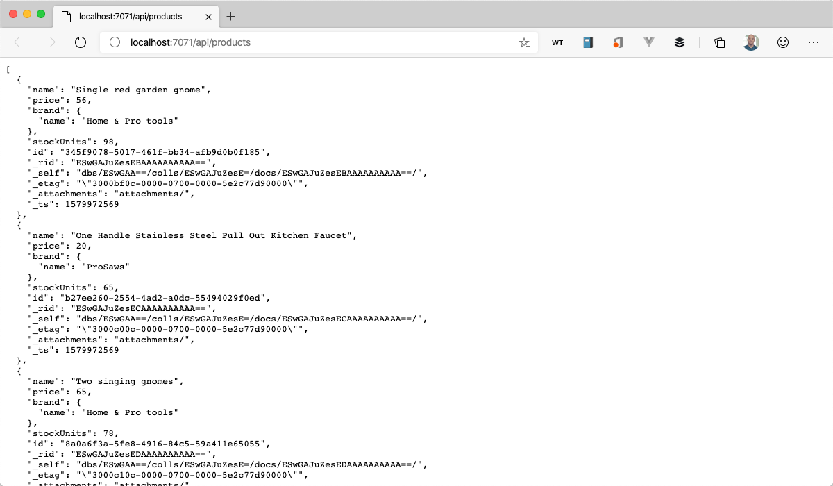 表示されている製品コレクション内の項目が JSON 形式であることを表示する Web ブラウザーのスクリーンショット。
