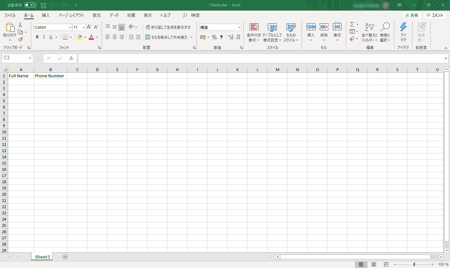 Excel ファイルの構造のスクリーンショット。