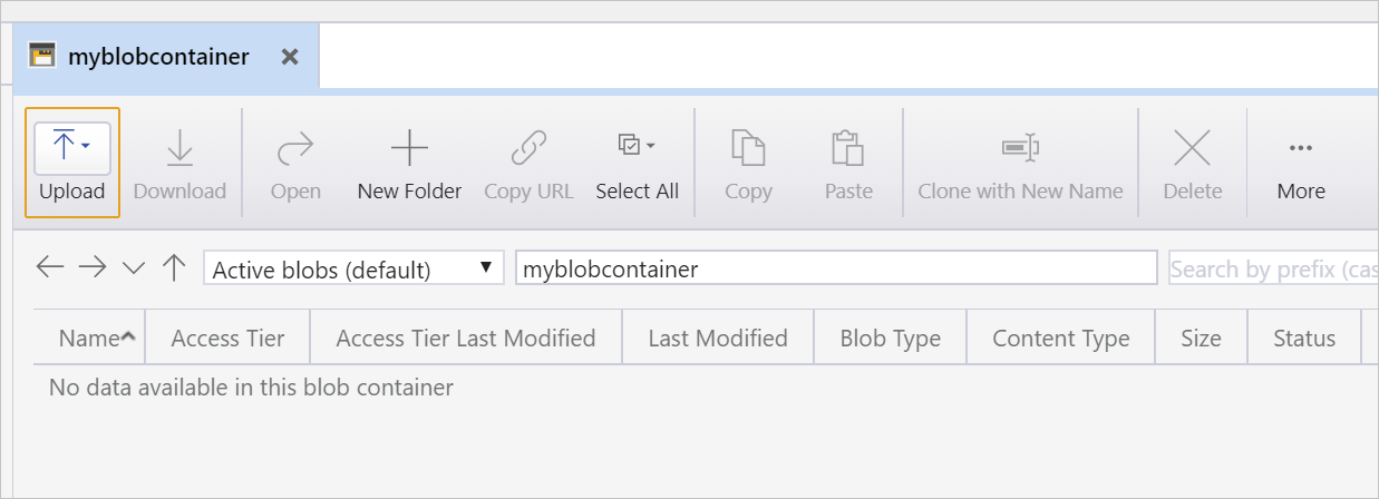 新しい myblobcontainer BLOB コンテナーの内容と詳細を示すスクリーンショット。