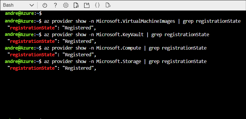 A screenshot that displays the registration state as registered for all four required components in Azure Image Builder.