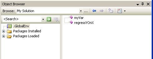 Screenshot that shows the myVar and regressYOnX objects.