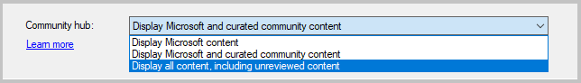 Community ハブで許可されているコンテンツ ソースの階層設定