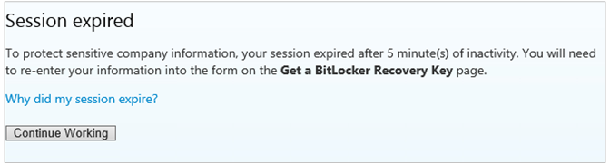 BitLocker セルフサービス ポータル セッションの有効期限が切れたページ
