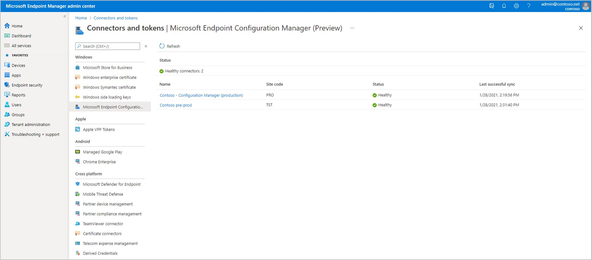 管理センターの Microsoft Endpoint Configuration Manager コネクタ