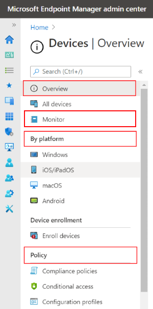 [デバイス] を選択して、Microsoft Intuneで構成および管理できる内容を確認する方法を示すスクリーンショット。