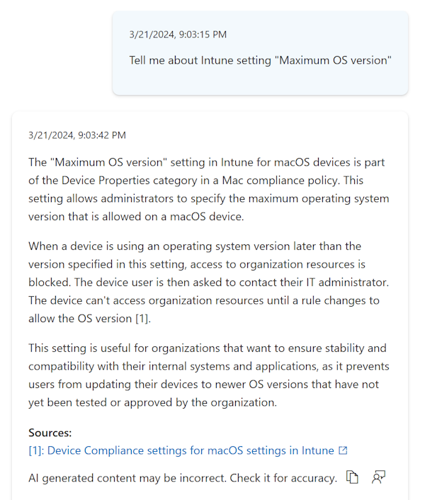 管理センターのコンプライアンス ポリシーで Copilot ヒントを選択したときの設定の詳細Microsoft Intune示すスクリーンショット。