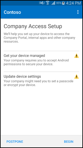 スクリーンショットでは、更新前の Android 用のポータル サイト アプリの、[会社アクセスのセットアップ] 画面が示されています。