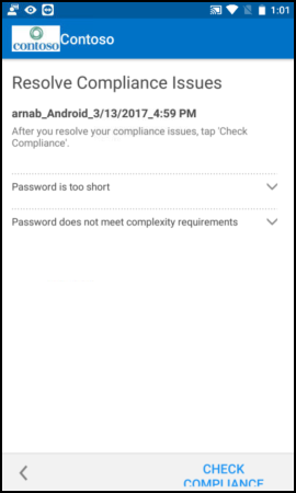 スクリーンショットでは、更新前の Android 用のポータル サイト アプリの、[ポリシー準拠の問題の解決] 画面のテキストが示されています。