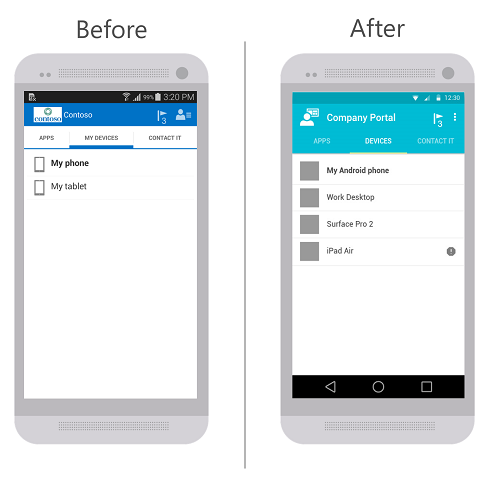 左側には、更新前の Android 用ポータル サイト アプリの画像。右側に、更新後の Android 用のポータル サイト アプリの画像。どちらの画像も、[アプリ]、[デバイス]、[連絡先 IT] の 3 つのタブから選択したタブとして [デバイス] タブが表示されます。
