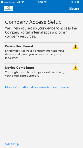 スクリーンショットでは、更新前の iOS および iPadOS 用のポータル サイト アプリの、[会社アクセスのセットアップ] 画面が示されています。
