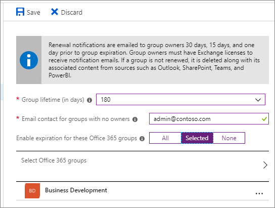 Microsoft Entra IDのグループの有効期限設定のスクリーンショット。
