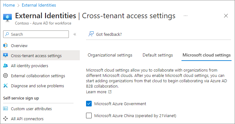 Microsoft クラウド設定を示すスクリーンショット。