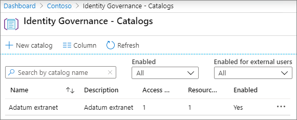 Azure Active Directory Identity Governance のカタログ ページのスクリーンショット。