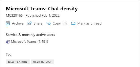 スクリーンショット: メッセージ センターの投稿にMicrosoft Teamsチャット密度ページと月間アクティブなユーザー データを表示する