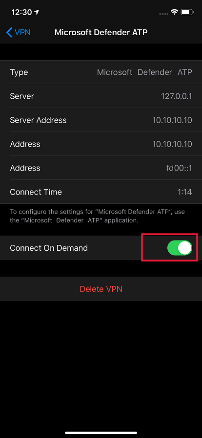 VPN 構成の [オンデマンド接続] オプションのトグル ボタン