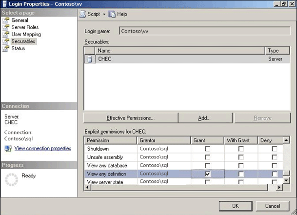 SQL ログイン プロパティの [セキュリティ保護可能] ページのスクリーンショット。CHEC サーバーに 