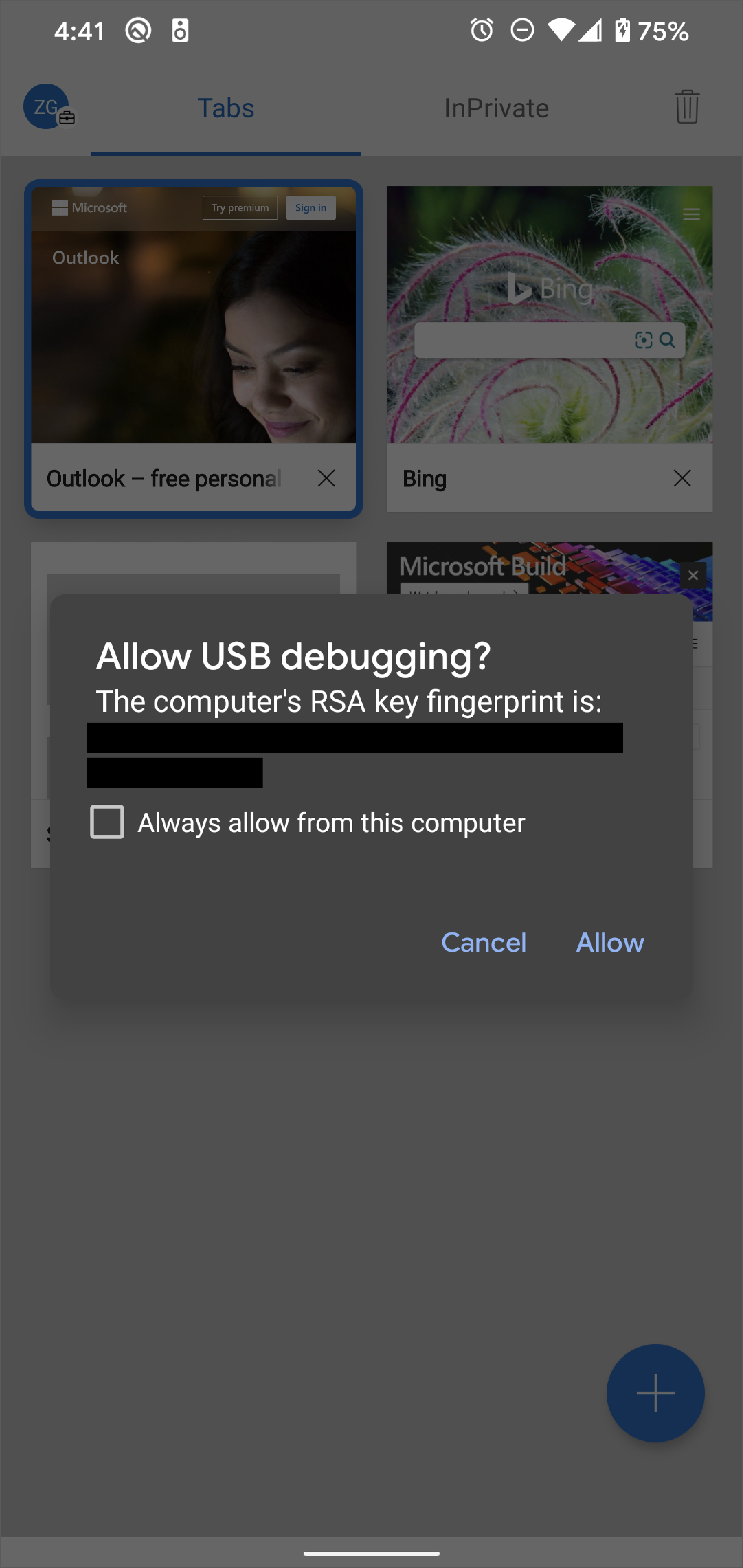Android デバイスの [USB デバッグを許可する] アクセス許可プロンプト