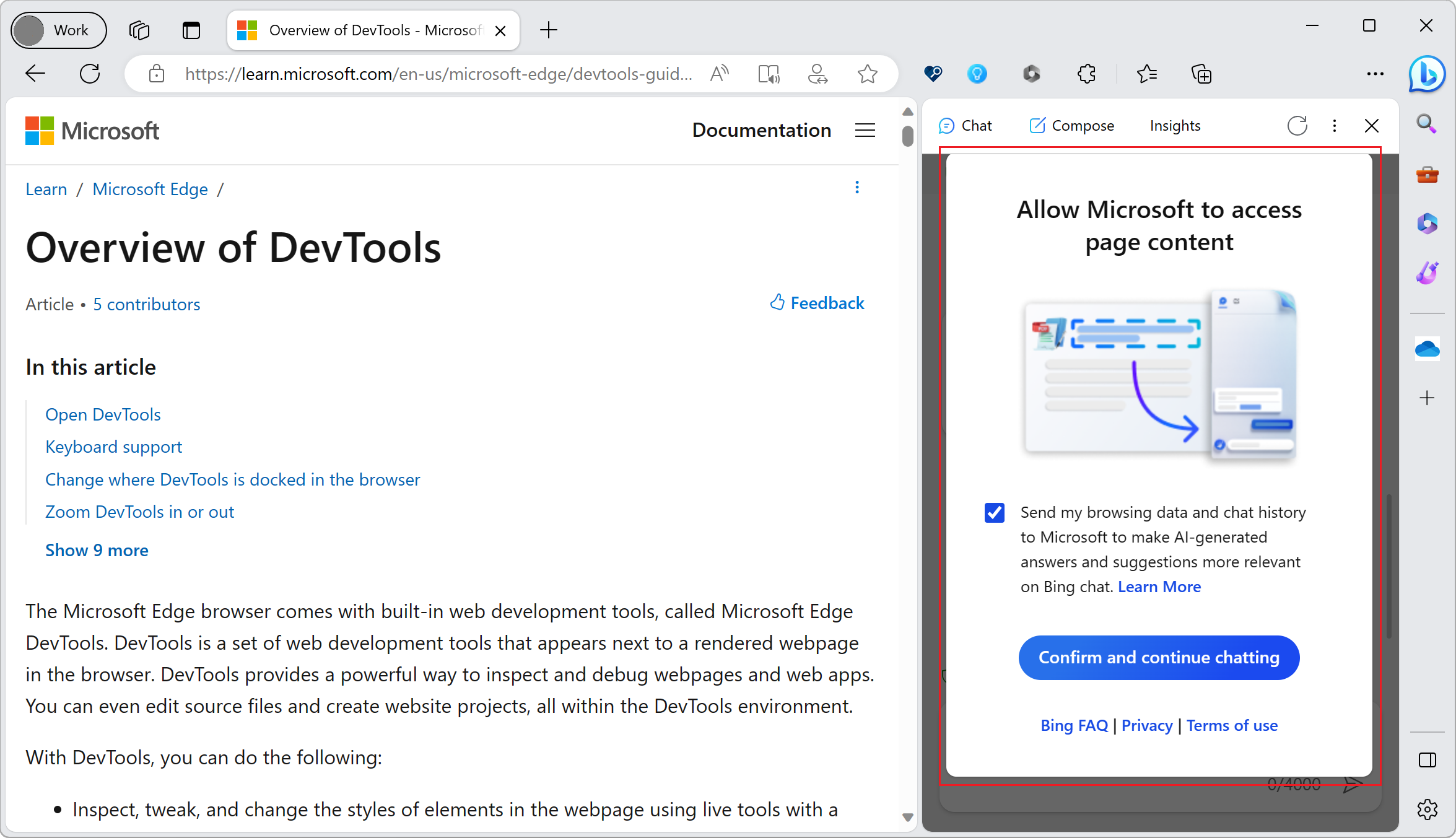 Microsoft Edge のページ コンテンツにアクセスするための同意を求める Copilot