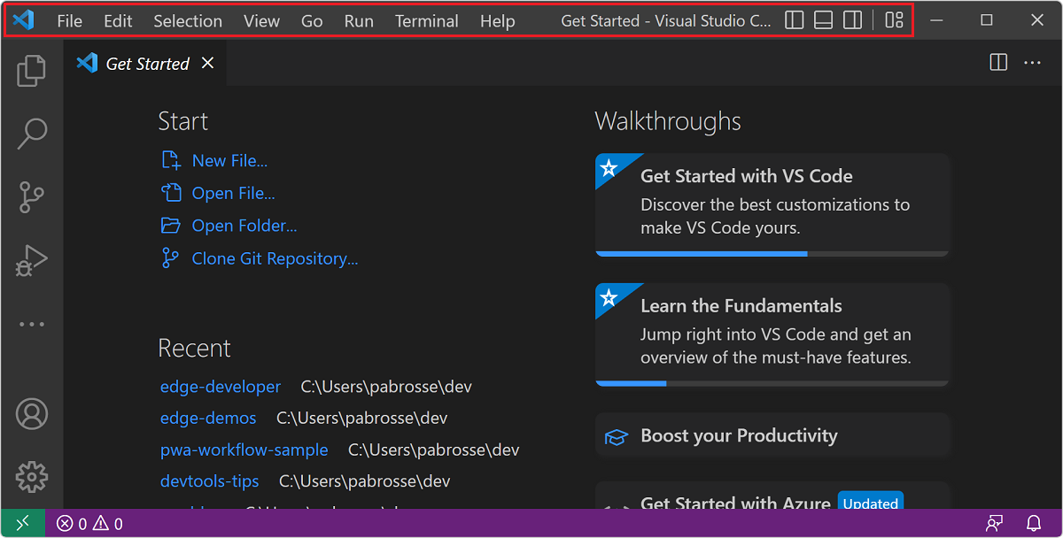 Visual Studio Code は、タイトル バー領域にコンテンツを表示します
