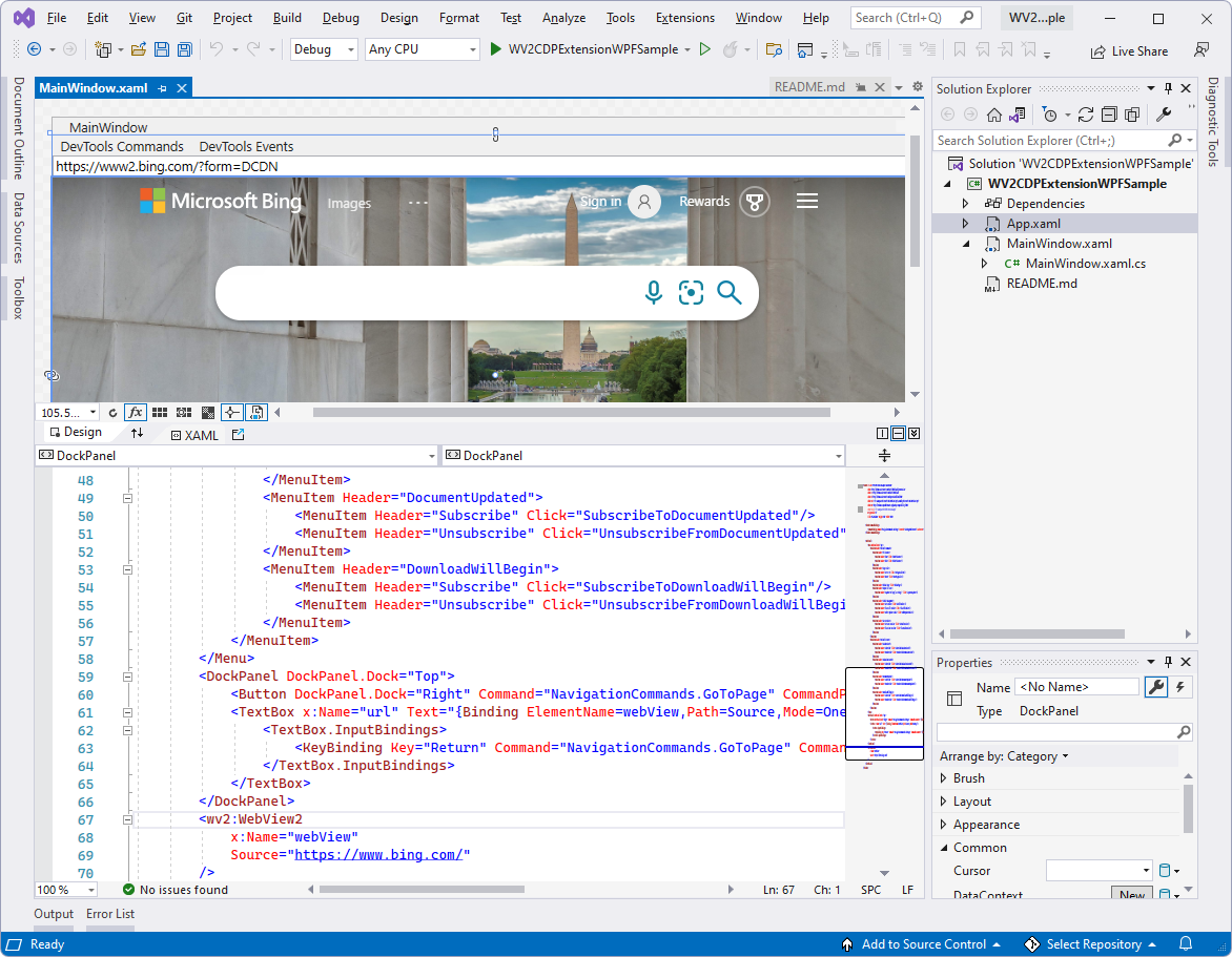 Visual Studio での WV2CDPExtensionWPFSample プロジェクトのコード