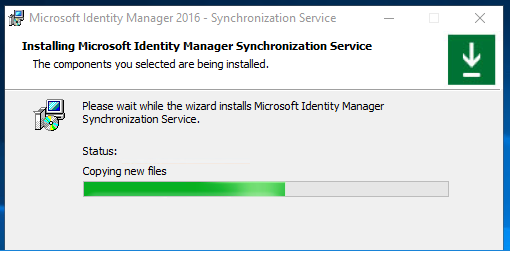 Microsoft Identity Manager 同期サービスのインストールの進行状況ウィンドウ
