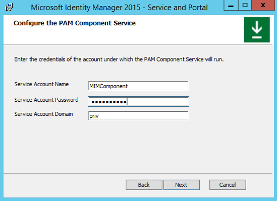 PAM コンポーネント サービスのアカウント資格情報 - スクリーンショット