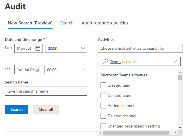 Microsoft Purview で Teams アクティビティを検索して Teams イベントを監査する方法を示すスクリーンショット。