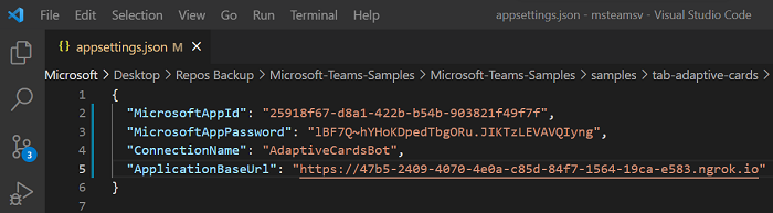 ファイルが表示されている Visual Studio のスクリーンショットappsettings.json。