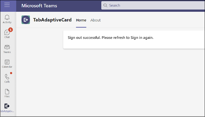 成功したサインアウト メッセージが表示されている TabAdaptiveCard のスクリーンショット。