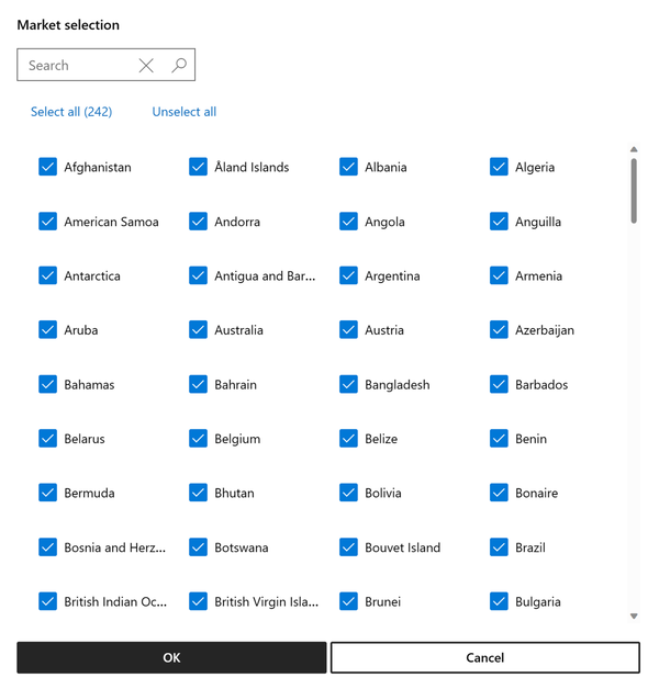 Microsoft パートナー センターで使用可能な国または地域の一覧を示すスクリーンショット。