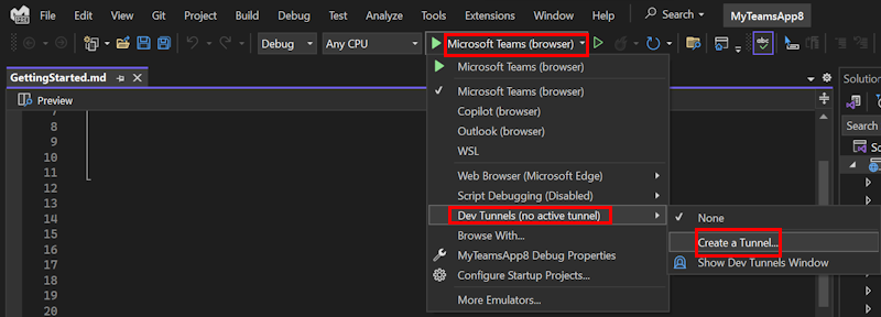 Visual Studio でのトンネルの作成オプションを示すスクリーンショット。