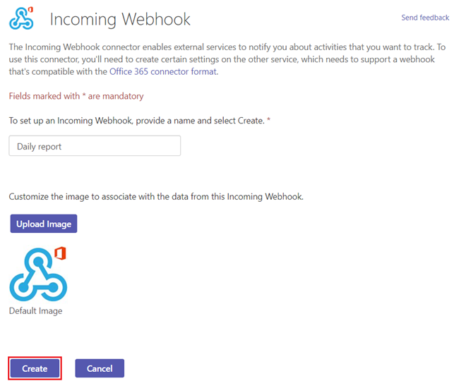 スクリーンショットは、Webhook を作成するために入力する名前と画像フィールドを示しています。