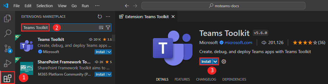 Teams Toolkit 拡張機能のインストールを示すスクリーンショット。