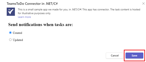 [保存] オプションが赤で強調表示されている .NET/C# の TeamsTodo コネクタのスクリーンショット。
