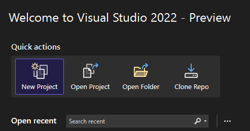 Visual Studio の [新しいプロジェクト] の選択を示すスクリーンショット。
