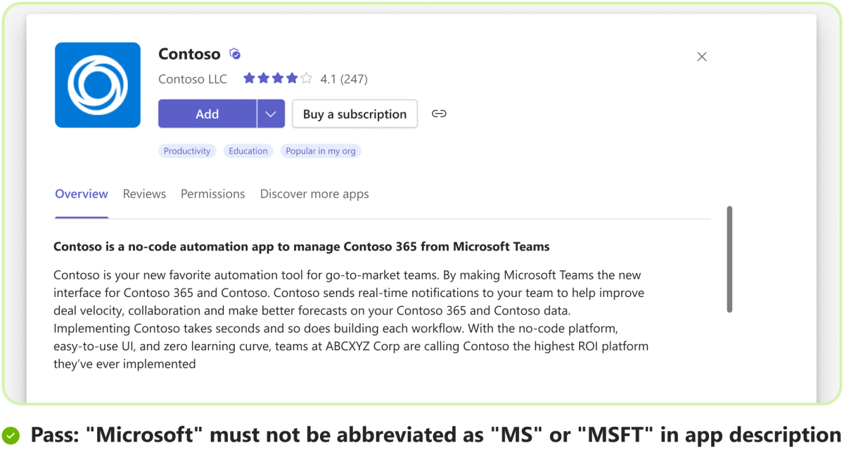 図は、アプリの説明で Microsoft を MS または MSFT と初回に略している例を示しています。