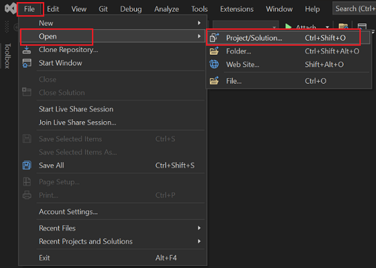 [ファイル]、[開く]、[プロジェクト/ソリューション] が赤で強調表示されている Visual Studio のスクリーンショット。