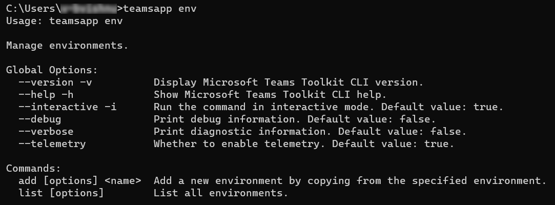 teamsapp env コマンドを示すスクリーンショット。