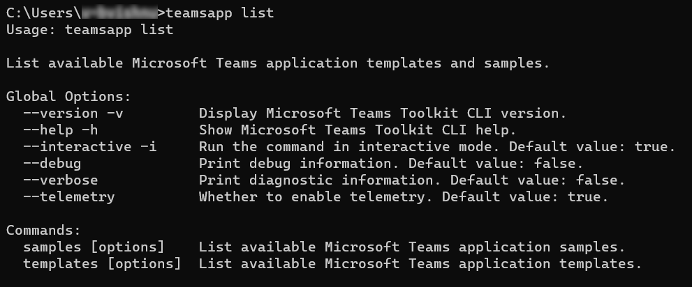 teamsapp list コマンドを示すスクリーンショット。