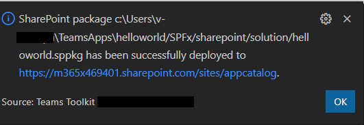 SharePoint サイトにアップロードされた SPFx パッケージのスクリーンショット