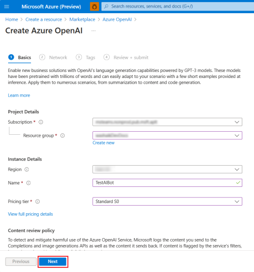 Azure Open AI サブスクリプションとリソース グループを示すスクリーンショット。